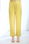 Gopi Vaid_Yellow Satin Printed Stripe Collar Floral Asymmetric Tunic With Pant _at_Aza_Fashions