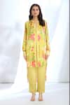 Buy_Gopi Vaid_Yellow Satin Printed Stripe Collar Floral Asymmetric Tunic With Pant 