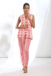 Buy_Gopi Vaid_Pink Satin Printed Geometric Lapel Collar Jacket With Pant _Online_at_Aza_Fashions