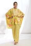 Buy_Gopi Vaid_Yellow Satin Printed Crysanthemum Mandarin Collar High-low Kaftan With Pant _at_Aza_Fashions