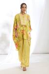 Gopi Vaid_Yellow Satin Printed Crysanthemum Mandarin Collar High-low Kaftan With Pant _Online_at_Aza_Fashions