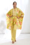 Buy_Gopi Vaid_Yellow Satin Printed Crysanthemum Mandarin Collar High-low Kaftan With Pant _Online_at_Aza_Fashions