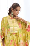 Gopi Vaid_Yellow Satin Printed Crysanthemum Mandarin Collar High-low Kaftan With Pant _at_Aza_Fashions