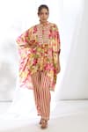 Buy_Gopi Vaid_Pink Satin Printed Crysanthemum Mandarin Collar High-low Kaftan With Pant _at_Aza_Fashions