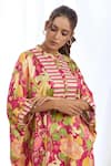 Gopi Vaid_Pink Satin Printed Crysanthemum Mandarin Collar High-low Kaftan With Pant _at_Aza_Fashions