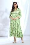 Buy_Gopi Vaid_Green Satin Printed Ikat Shirt Collar Asymmetric Dress _at_Aza_Fashions