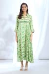 Gopi Vaid_Green Satin Printed Ikat Shirt Collar Asymmetric Dress _Online_at_Aza_Fashions