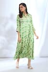 Buy_Gopi Vaid_Green Satin Printed Ikat Shirt Collar Asymmetric Dress _Online_at_Aza_Fashions