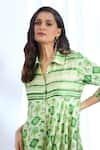 Shop_Gopi Vaid_Green Satin Printed Ikat Shirt Collar Asymmetric Dress _Online_at_Aza_Fashions