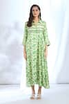 Gopi Vaid_Green Satin Printed Ikat Shirt Collar Asymmetric Dress _at_Aza_Fashions