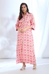 Buy_Gopi Vaid_Pink Satin Printed Ikat Shirt Collar Dress _at_Aza_Fashions