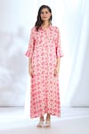 Gopi Vaid_Pink Satin Printed Ikat Shirt Collar Dress _at_Aza_Fashions