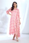 Buy_Gopi Vaid_Pink Satin Printed Ikat Shirt Collar Asymmetric Dress _at_Aza_Fashions