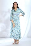 Buy_Gopi Vaid_Blue Satin Printed Ikat Shirt Collar Pattern Asymmetric Dress _at_Aza_Fashions