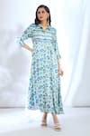 Gopi Vaid_Blue Satin Printed Ikat Shirt Collar Pattern Asymmetric Dress _Online_at_Aza_Fashions