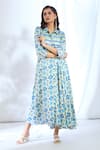 Buy_Gopi Vaid_Blue Satin Printed Ikat Shirt Collar Pattern Asymmetric Dress _Online_at_Aza_Fashions