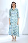 Gopi Vaid_Blue Satin Printed Ikat Shirt Collar Pattern Asymmetric Dress _at_Aza_Fashions