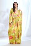 Buy_Gopi Vaid_Yellow Satin Printed Crysanthemum V-neck Kaftan _at_Aza_Fashions