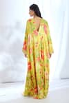 Shop_Gopi Vaid_Yellow Satin Printed Crysanthemum V-neck Kaftan _at_Aza_Fashions