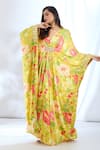 Gopi Vaid_Yellow Satin Printed Crysanthemum V-neck Kaftan _Online_at_Aza_Fashions