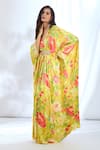 Buy_Gopi Vaid_Yellow Satin Printed Crysanthemum V-neck Kaftan _Online_at_Aza_Fashions