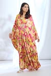 Buy_Gopi Vaid_Pink Satin Printed Crysanthemum V-neck Pattern Kaftan _at_Aza_Fashions