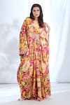 Gopi Vaid_Pink Satin Printed Crysanthemum V-neck Pattern Kaftan _Online_at_Aza_Fashions