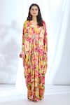 Gopi Vaid_Pink Satin Printed Crysanthemum V-neck Pattern Kaftan _at_Aza_Fashions