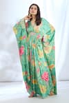 Buy_Gopi Vaid_Green Satin Printed Floral Boquet V-neck Pattern Kaftan _at_Aza_Fashions