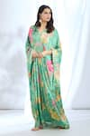 Gopi Vaid_Green Satin Printed Floral Boquet V-neck Pattern Kaftan _Online_at_Aza_Fashions