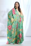 Buy_Gopi Vaid_Green Satin Printed Floral Boquet V-neck Pattern Kaftan _Online_at_Aza_Fashions