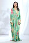 Gopi Vaid_Green Satin Printed Floral Boquet V-neck Pattern Kaftan _at_Aza_Fashions