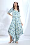 Buy_Gopi Vaid_Blue Satin Printed Ikat Round Combination Asymmetric Dress _at_Aza_Fashions