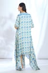 Shop_Gopi Vaid_Blue Satin Printed Ikat Round Combination Asymmetric Dress _at_Aza_Fashions