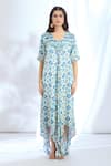 Gopi Vaid_Blue Satin Printed Ikat Round Combination Asymmetric Dress _Online_at_Aza_Fashions