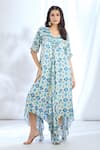 Buy_Gopi Vaid_Blue Satin Printed Ikat Round Combination Asymmetric Dress _Online_at_Aza_Fashions