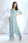 Shop_Gopi Vaid_Blue Satin Printed Ikat Round Combination Asymmetric Dress _Online_at_Aza_Fashions