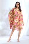 Buy_Gopi Vaid_Pink Satin Printed Floral Shirt Collar High-low Kaftan Dress _at_Aza_Fashions