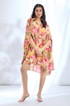 Gopi Vaid_Pink Satin Printed Floral Shirt Collar High-low Kaftan Dress _Online_at_Aza_Fashions