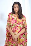 Shop_Gopi Vaid_Pink Satin Printed Floral Shirt Collar High-low Kaftan Dress _Online_at_Aza_Fashions