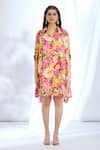 Gopi Vaid_Pink Satin Printed Floral Shirt Collar High-low Kaftan Dress _at_Aza_Fashions