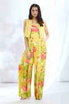 Buy_Gopi Vaid_Yellow Satin Printed Floral Jacket Open Stripe Short And Jumpsuit Set _at_Aza_Fashions