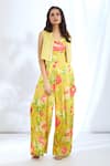 Gopi Vaid_Yellow Satin Printed Floral Jacket Open Stripe Short And Jumpsuit Set _at_Aza_Fashions