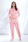 Buy_Gopi Vaid_Pink Satin Printed Ikat Shawl Collar Blazer Top With Pant _at_Aza_Fashions