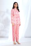 Gopi Vaid_Pink Satin Printed Ikat Shawl Collar Blazer Top With Pant _Online_at_Aza_Fashions