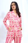 Shop_Gopi Vaid_Pink Satin Printed Ikat Shawl Collar Blazer Top With Pant _Online_at_Aza_Fashions