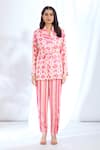 Buy_Gopi Vaid_Pink Satin Printed Ikat Shawl Collar Blazer Top With Pant 