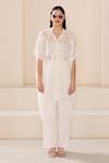 Lavanya Ahuja_White Satin Embroidery Pearl V-neck Sheer Jacquard Kaftan With Pant _Online_at_Aza_Fashions