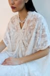 Lavanya Ahuja_White Satin Embroidery Pearl V-neck Sheer Jacquard Kaftan With Pant _Online