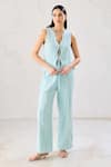 Buy_Lavanya Ahuja_Blue Crepe Embroidery Scallop Lace Wavy Sea Spray Tie Up Top With Pant _at_Aza_Fashions